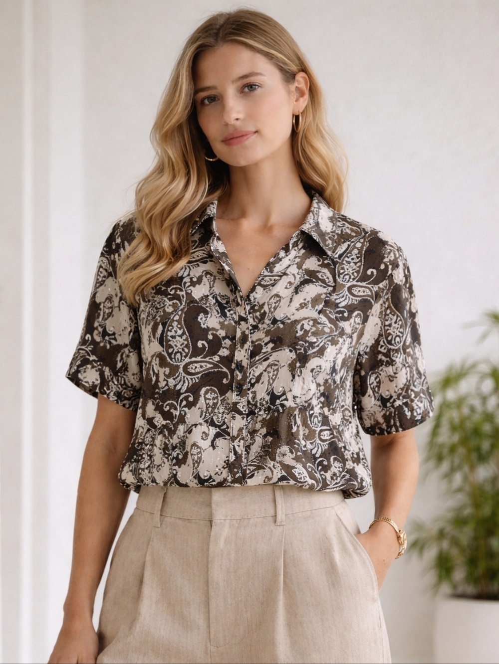 APT 9 Paisley Button Front Blouse 3X Structured Cotton Stretch Neutral Brown